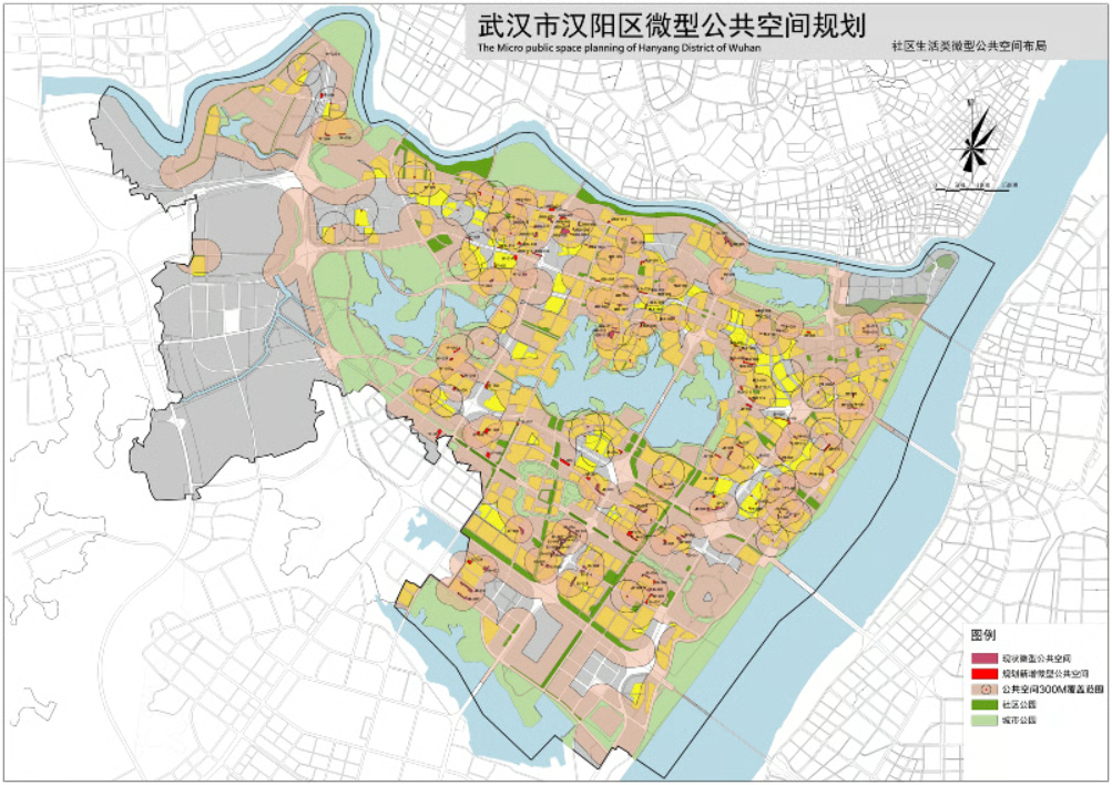 Planned sites of community-based micro-scale public spaces, and their 300-meter buffer zone