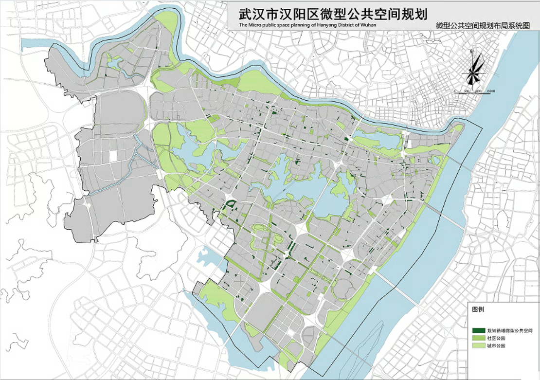 规划的多层级公共空间体系,包含城市公园、社区公园和微型公共空间